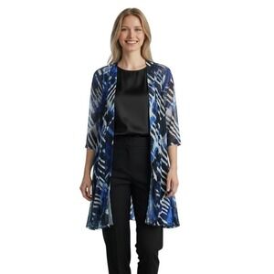 Creation Women Blue Black Abstract Print Open Front Longline‎ Cardigan Size M